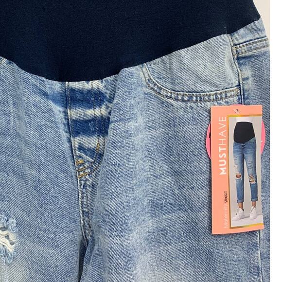 Simple Society Maternity Straight Distressed Stretch Blue Denim Jeans Large NEW - Picture 8 of 12